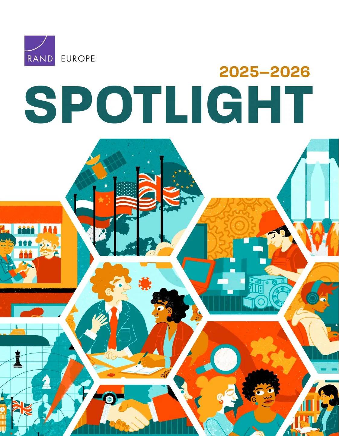 Cover of RAND Europe Spotlight 2025–2026, showing a hexagonal collage of illustrated scenes.